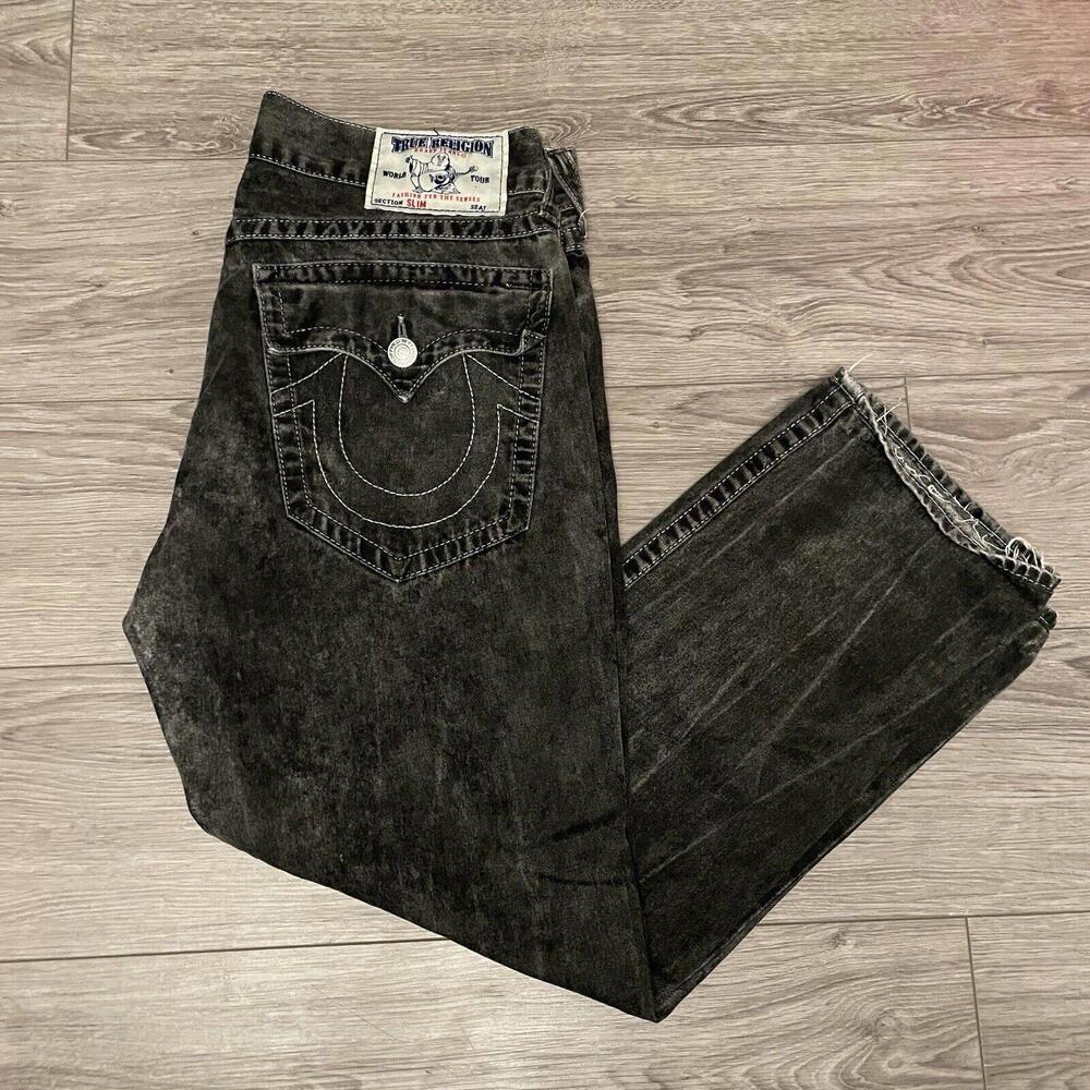 True Religion World Tour Men's Straight Slim Leg Stone Wash Denim Jeans 34x28 - Picture 1 of 8